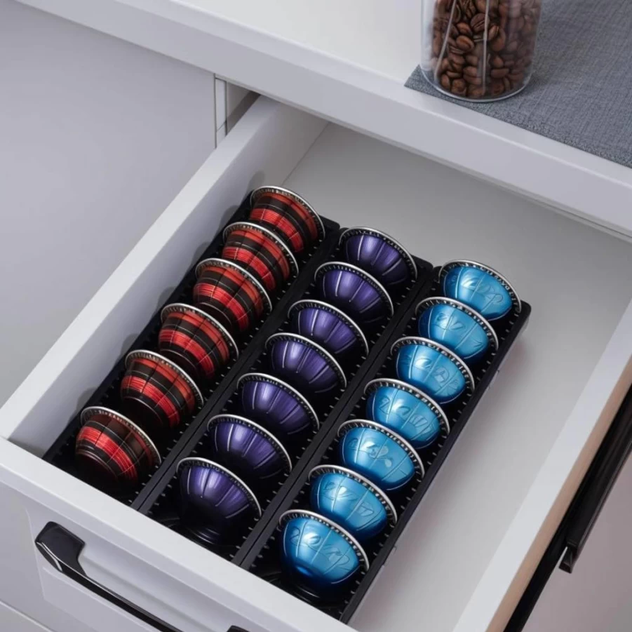 Maulehua 4-Pack Magnetic Coffee Pod Organizer for Nespresso Vertuo Capsules, Black Stackable Storage Drawer Tray