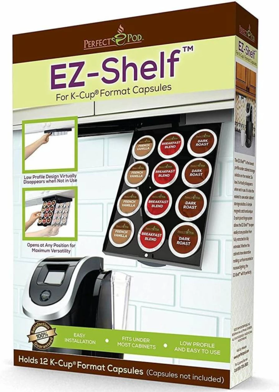 PERFECT POD Under Cabinet Coffee Pod Holder - Ez-Shelf Organizer for K-Cups, Space-Saving 12-Cup Storage (10.5"x7.25"x2") for Counter & Cabinet