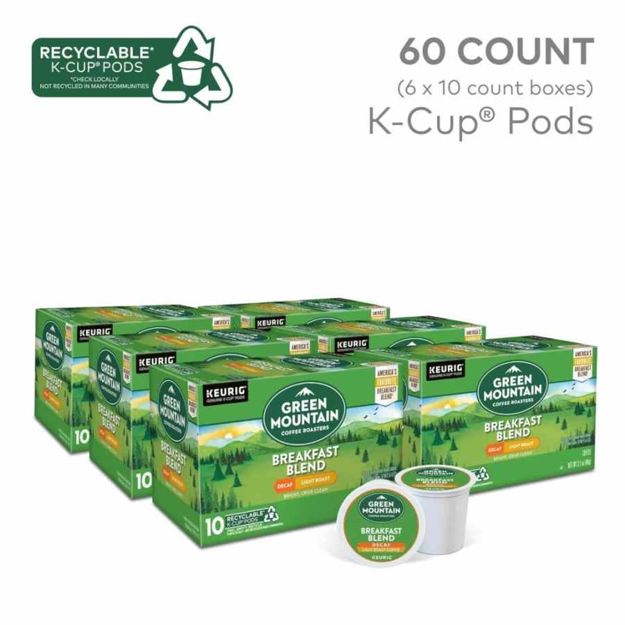 Green Mountain Coffee Roasters Decaf Breakfast Blend Light Roast K-Cup Pods for Keurig, 60 Count (6 Pack of 10) Single Serve Coffee