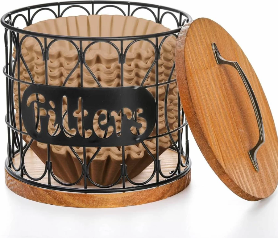 Frcctre Rustic Coffee Pod Holder – Large Capacity K-Cup Organizer with Lid, Coffee Bar Storage Canister & Dispenser Basket – Kitchen Decor Accessories