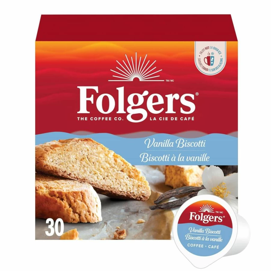 Folgers Vanilla Biscotti Flavored Coffee K-Cups, 30 Count Pods (9.5 Oz) - Medium Roast, Single-Serve Compatible with Keurig Brewers