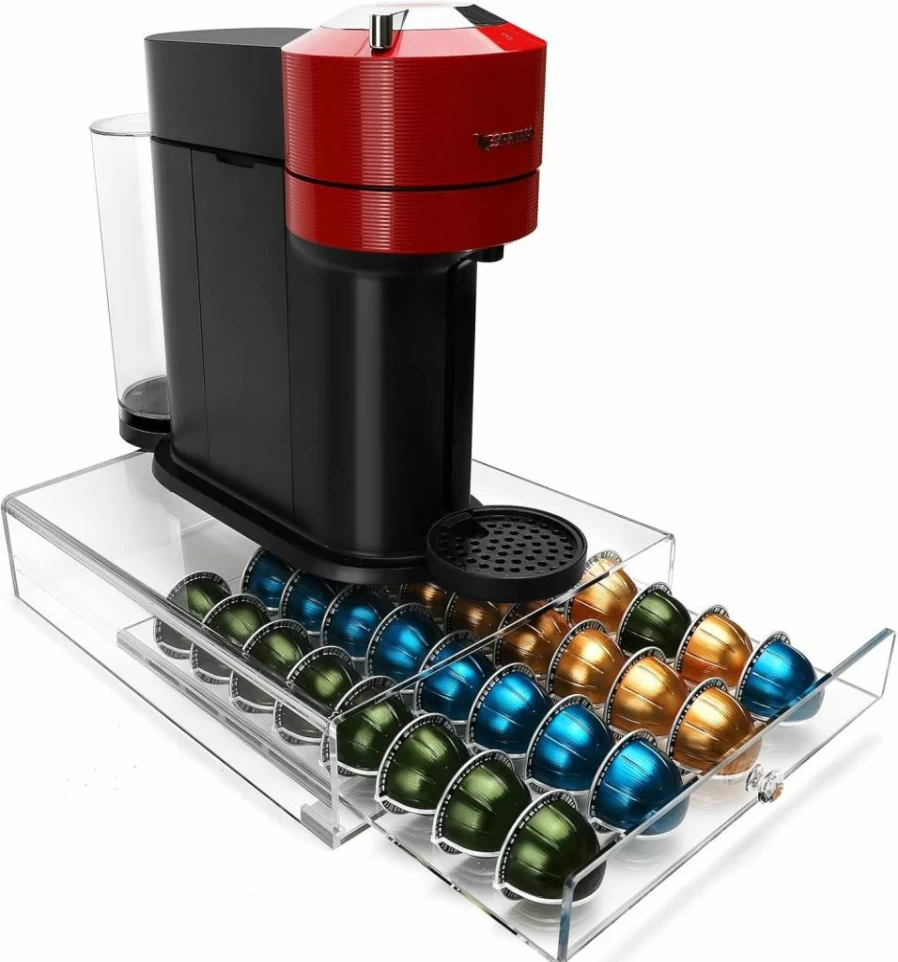 XronSlute Acrylic Nespresso Vertuo Pod Holder - 32 Capsule Organizer, Clear Coffee Storage Drawer for VertuoLine Pods