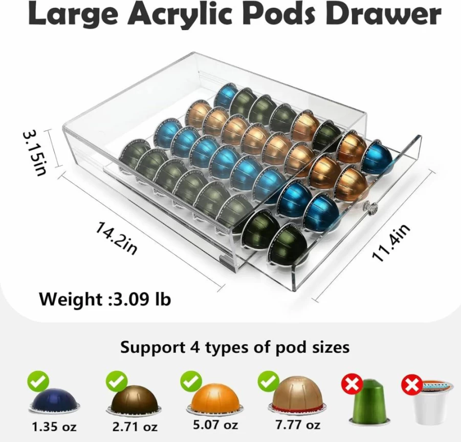 XronSlute Acrylic Nespresso Vertuo Pod Holder - 32 Capsule Organizer, Clear Coffee Storage Drawer for VertuoLine Pods
