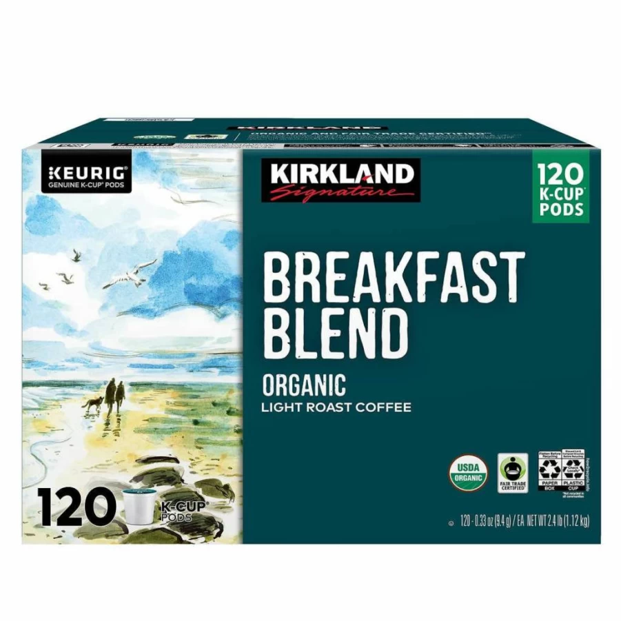 KIRKLAND Organic Breakfast Blend Light Roast Coffee K-Cup Pods, 120 Count, Single Serve, Compatible with Keurig Brewers