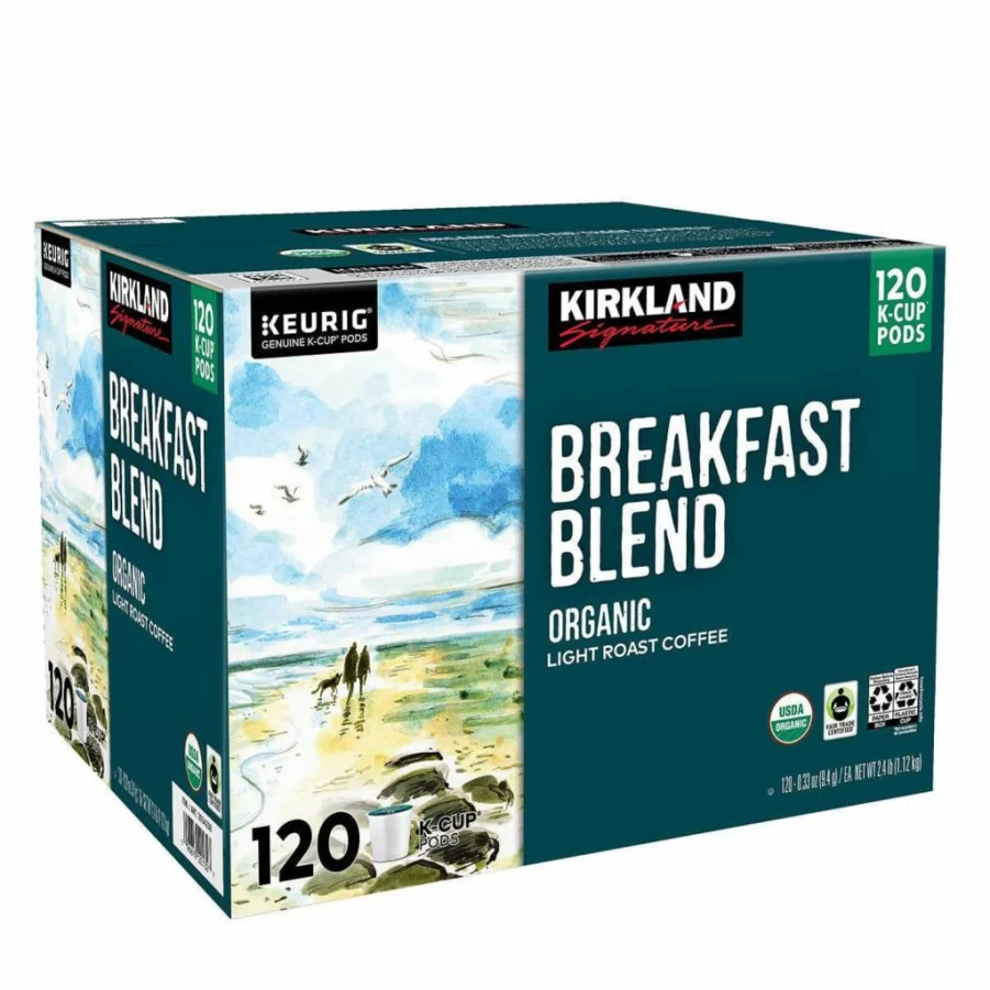 KIRKLAND Organic Breakfast Blend Light Roast Coffee K-Cup Pods, 120 Count, Single Serve, Compatible with Keurig Brewers