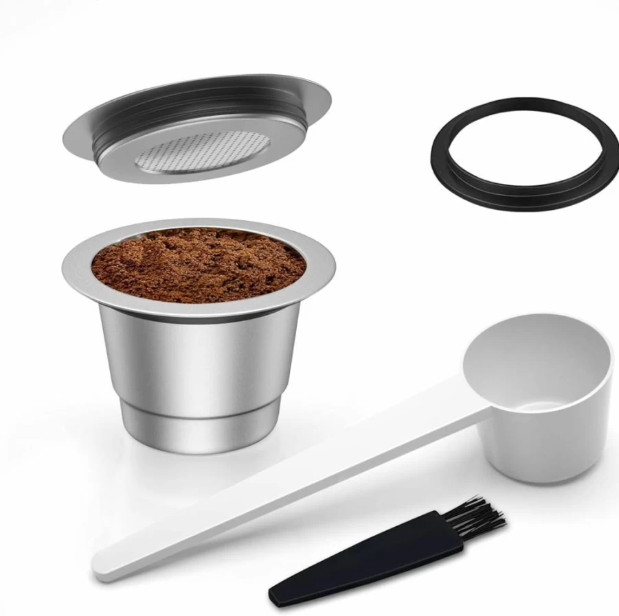 LIANLAI Reusable Stainless Steel Coffee Pod for Nespresso Original Machine - 1 Pack with Cleaning Brush & Plastic Spoon - Eco-Friendly Metal Coffee Capsule