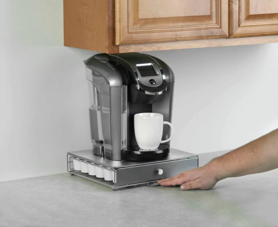 Nifty Solutions Silver K-Cup Storage Drawer - 36 Pod Holder, Compact Under Coffee Pot Organizer, Non-Rolling Sliding Design for Kitchen Counter