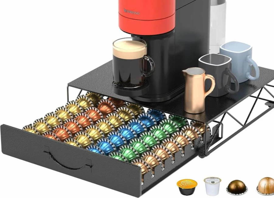 HFHOME Metal Coffee Pod Storage Drawer - Holds 48 Nespresso Vertuo Capsules & 36 K-Cups, Compact Coffee Station Organizer for Home or Office Countertop, Black