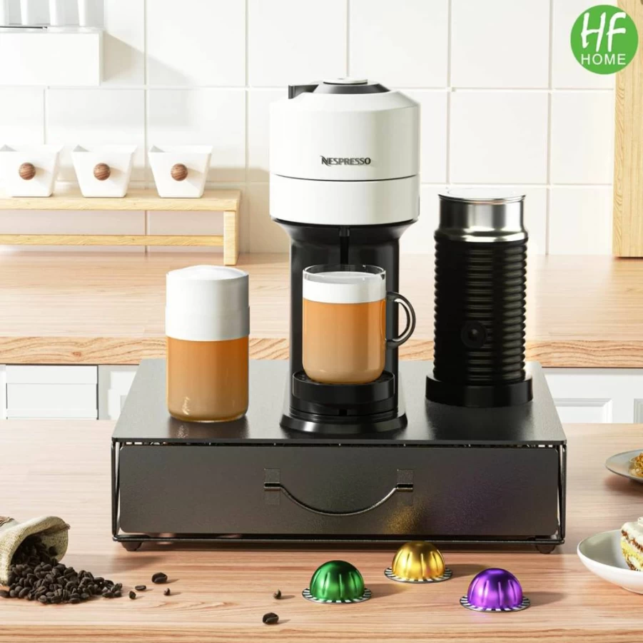 HFHOME Metal Coffee Pod Storage Drawer - Holds 48 Nespresso Vertuo Capsules & 36 K-Cups, Compact Coffee Station Organizer for Home or Office Countertop, Black