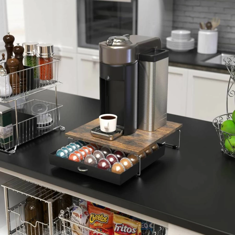 Deco Brothers Nespresso Capsule Organizer – 24 Large or 48 Small Vertuo Pod Holder, Crystal Clear Tempered Glass Drawer