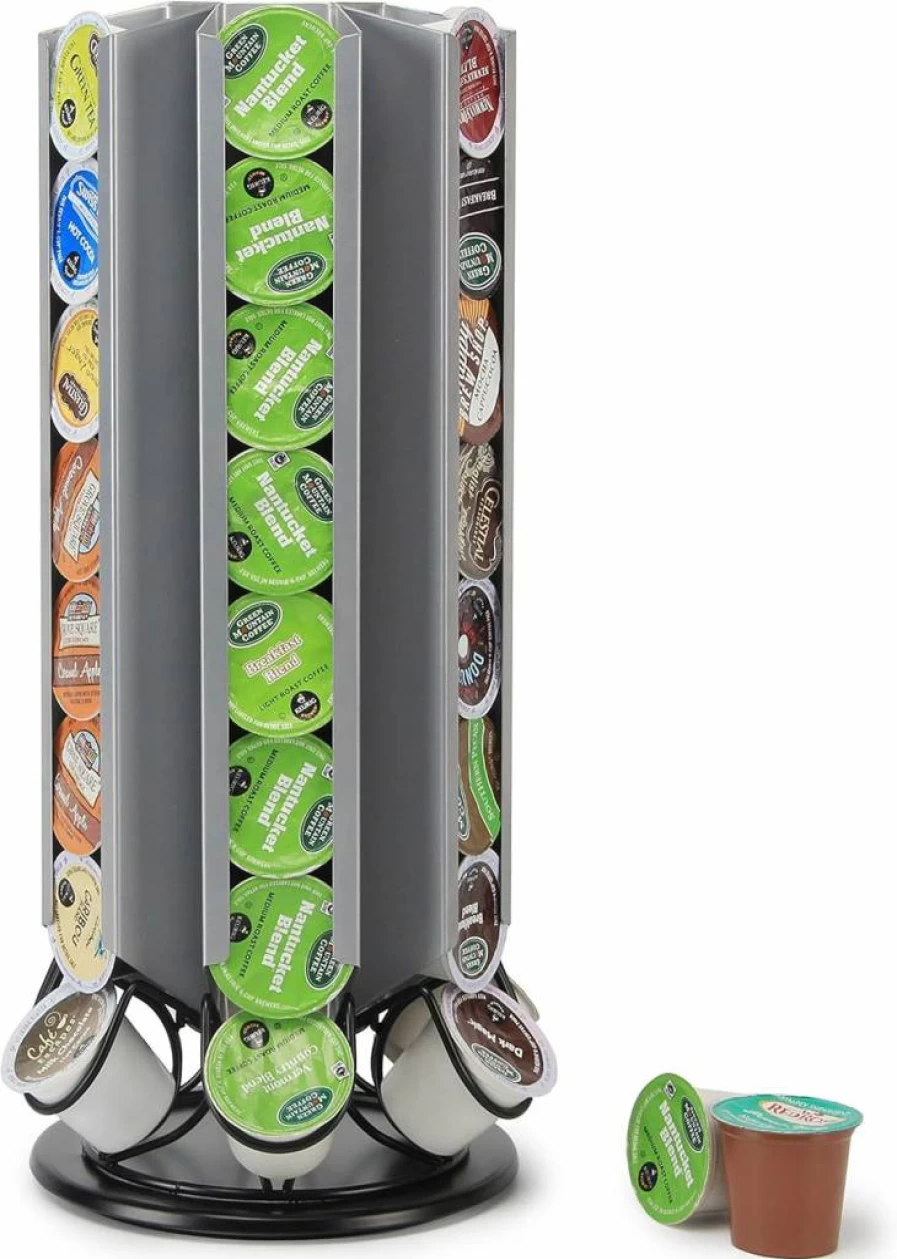 FlagShip 48-Capacity 360° Rotating K-Cup Holder for Keurig – Silver Black Pod Carousel Organizer