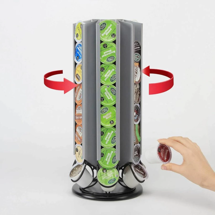 FlagShip 48-Capacity 360° Rotating K-Cup Holder for Keurig – Silver Black Pod Carousel Organizer