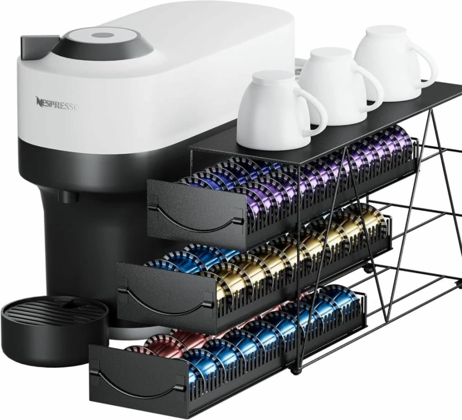 HFHOME 3-Tier Metal Coffee Pod Organizer for Nespresso Vertuo & K-Cup - 66 Capsule Storage Stand with Sliding Drawers, Countertop Holder for Home Kitchen Cafe (Black)
