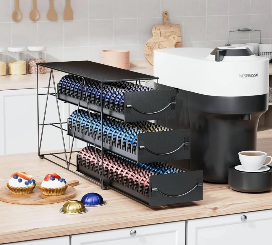 HFHOME 3-Tier Metal Coffee Pod Organizer for Nespresso Vertuo & K-Cup - 66 Capsule Storage Stand with Sliding Drawers, Countertop Holder for Home Kitchen Cafe (Black)