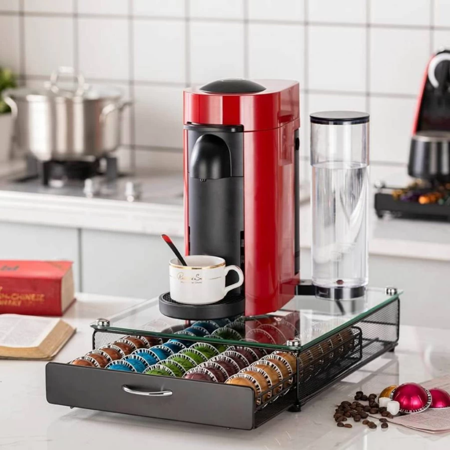 Flagship Vertuo Capsule Organizer - 40 Pod Capacity Metal Drawer Storage with Mesh Shelves for Nespresso Vertuo, Black