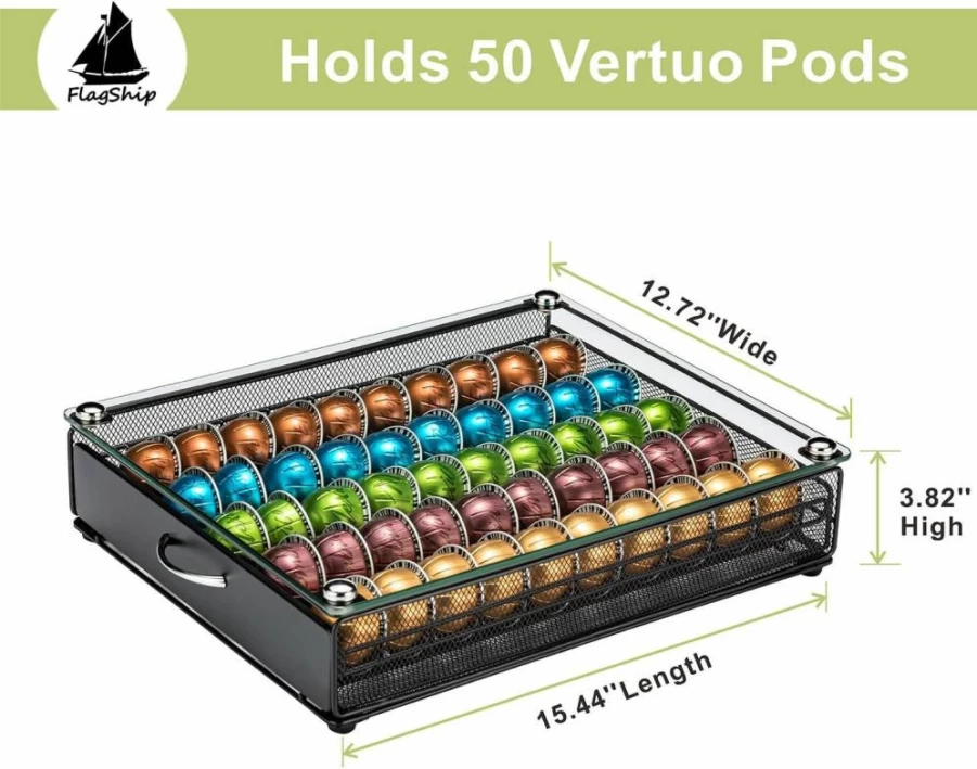 Flagship Vertuo Capsule Organizer - 40 Pod Capacity Metal Drawer Storage with Mesh Shelves for Nespresso Vertuo, Black