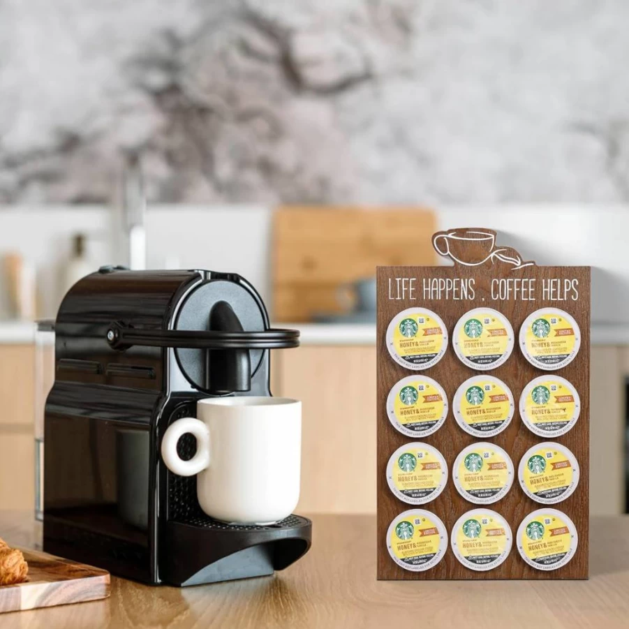 EMAISON 12-Cup K-Cup Holder Organizer - Black Compact Wooden Coffee Pod Storage Stand for Kitchen Counter, Space-Saving Keurig K-Cup Rack for Home & Office