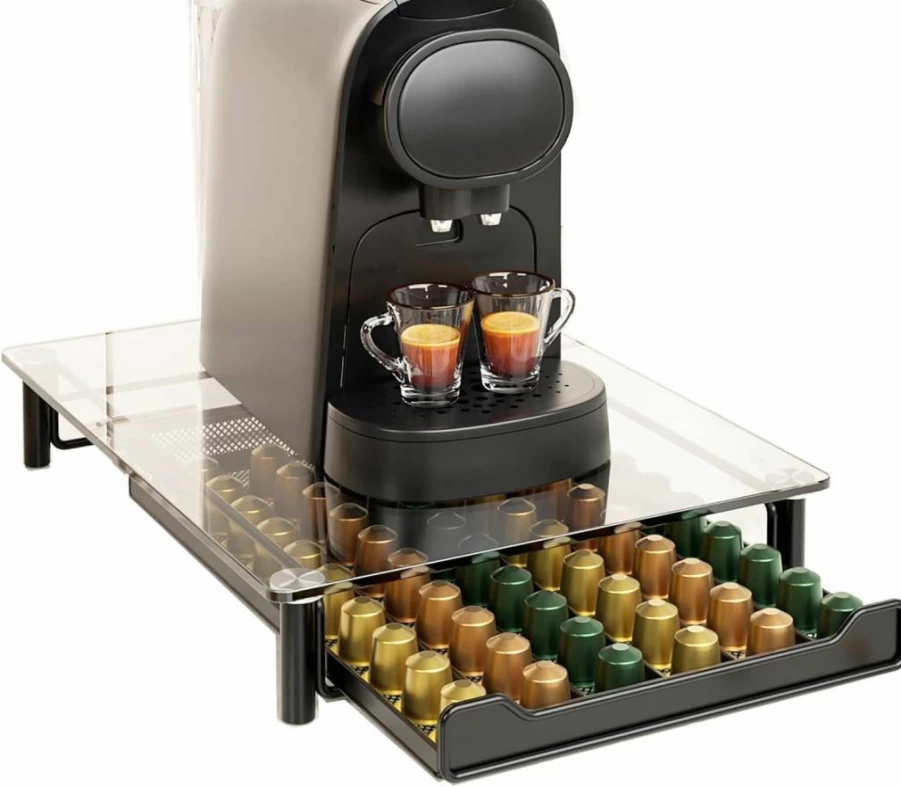 SEVENLINE Crystal Clear Coffee Pod Organizer - 60-Count Nespresso OriginalLine Capsule Holder, Tempered Glass Storage Drawer for Kitchen Countertop