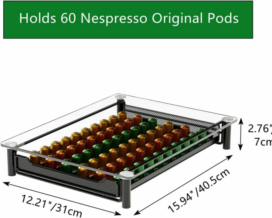 SEVENLINE Crystal Clear Coffee Pod Organizer - 60-Count Nespresso OriginalLine Capsule Holder, Tempered Glass Storage Drawer for Kitchen Countertop