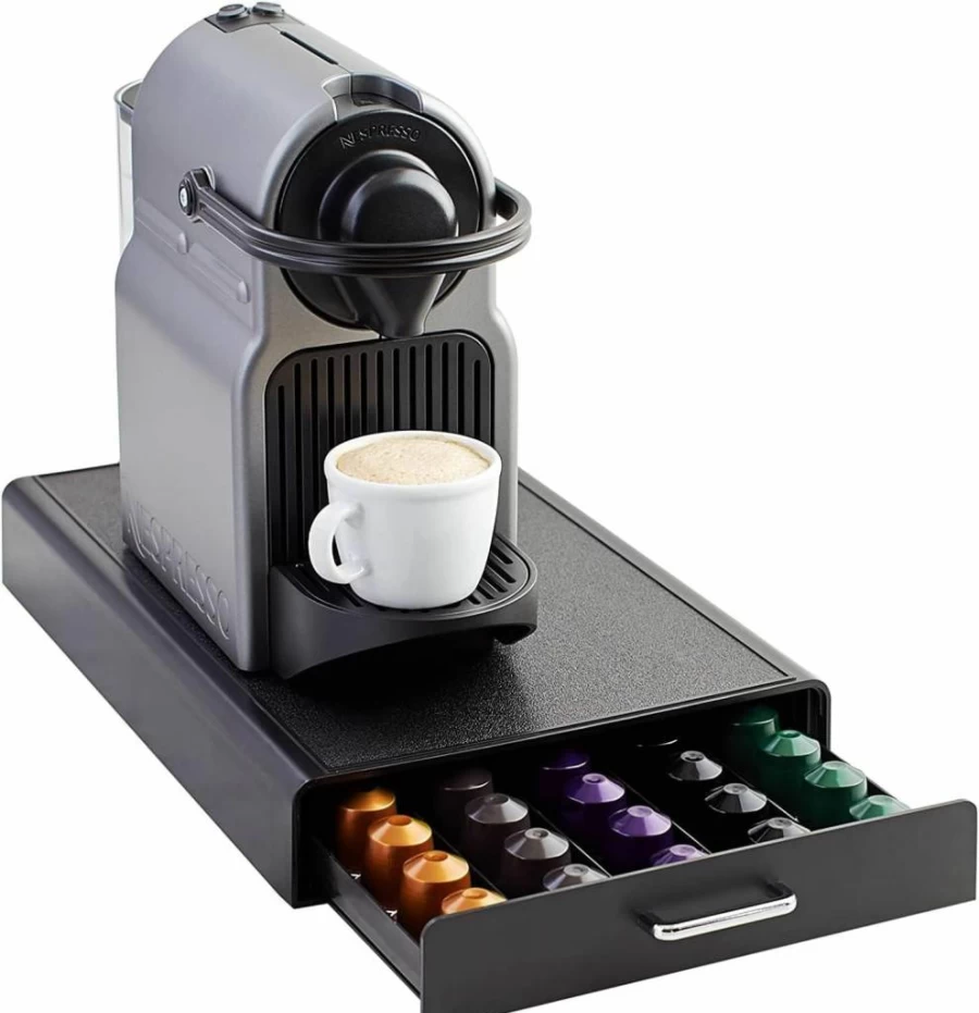 Amazon Basics OriginalLine Coffee Pod Holder with Storage Drawer - 50-Capsule Capacity, Black