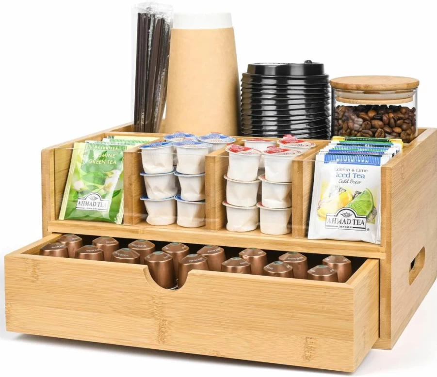 YUBAMIN Bamboo Coffee Pod Organizer with Drawer - Portable K-Cup Storage Box for Countertop, Tea & Coffee Station Organizer
