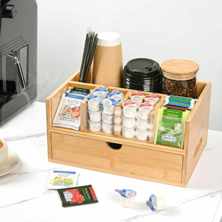 YUBAMIN Bamboo Coffee Pod Organizer with Drawer - Portable K-Cup Storage Box for Countertop, Tea & Coffee Station Organizer
