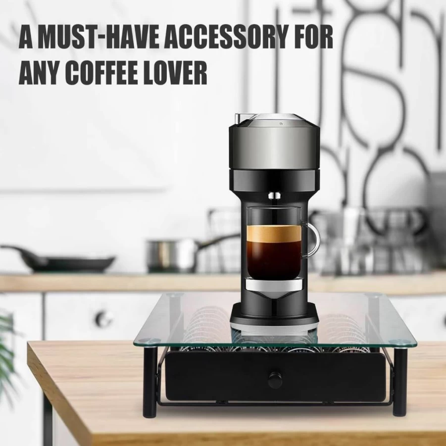 EastSign Tempered Glass Nespresso Vertuo Pod Holder Drawer - 40 Capsule Organizer for Vertuo Next/Plus, 14.76" x 12.99" x 3.5