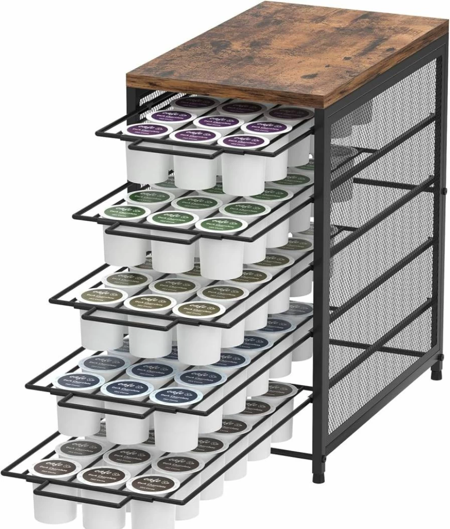 NOVIMANGO 5-Tier Coffee Pod Organizer – 90 K-Cup Storage Drawer for Keurig, Home, Office & Cafe – Space-Saving Black/Brown Rack for Coffee Station & Countertop