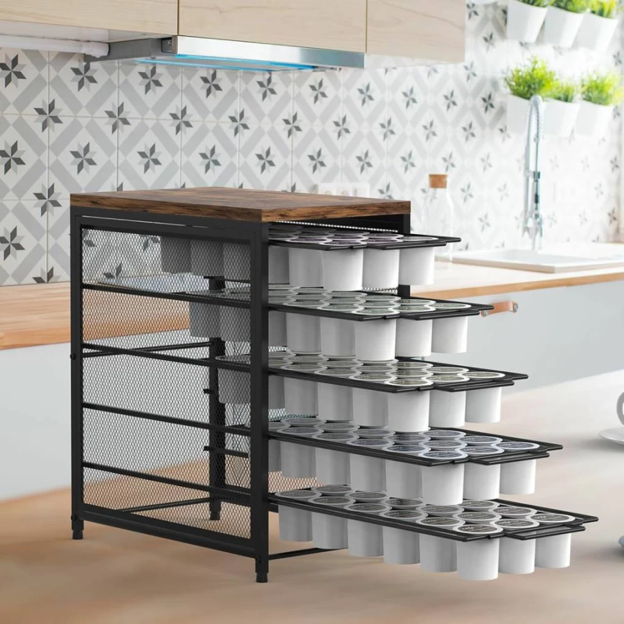 NOVIMANGO 5-Tier Coffee Pod Organizer – 90 K-Cup Storage Drawer for Keurig, Home, Office & Cafe – Space-Saving Black/Brown Rack for Coffee Station & Countertop