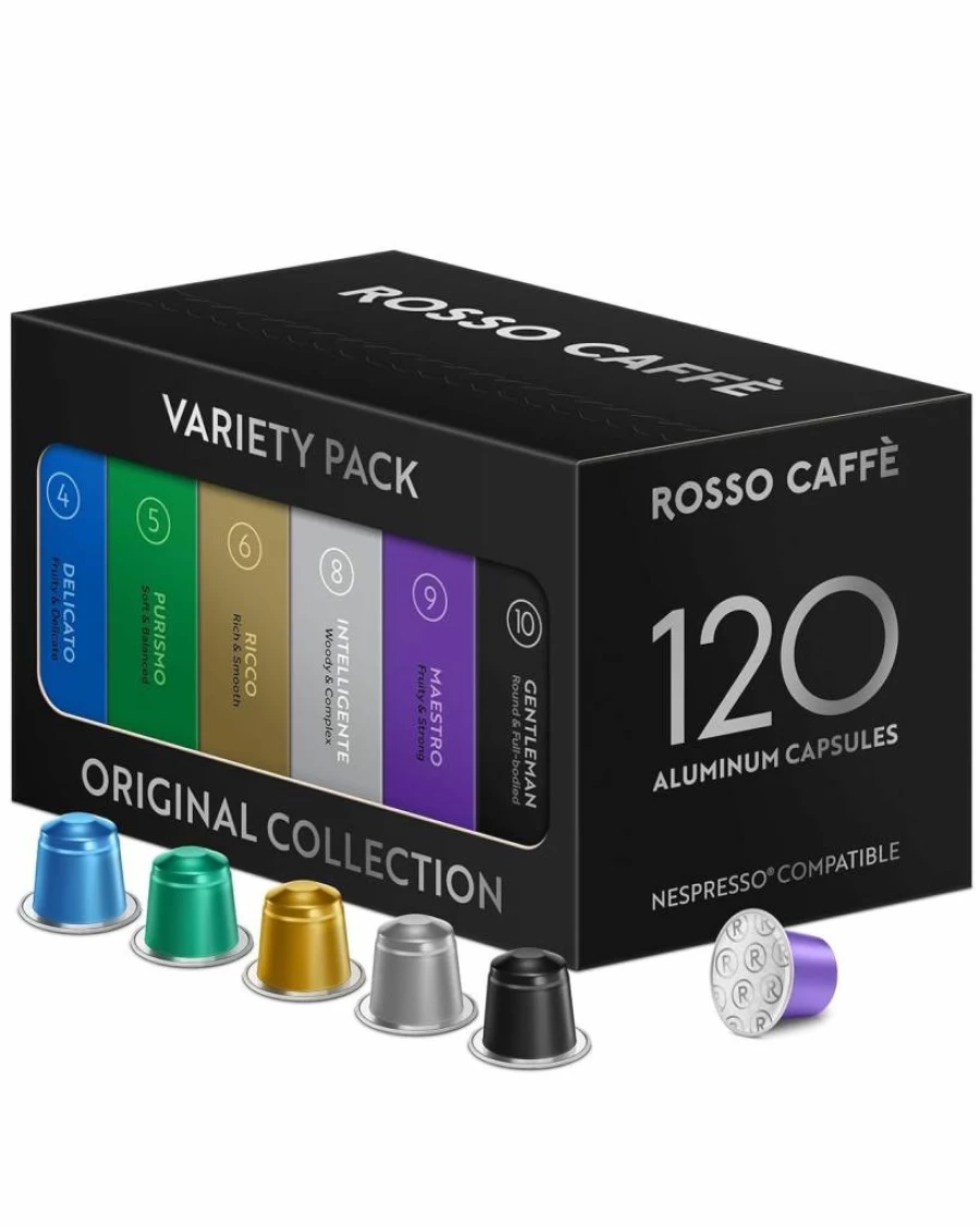 ROSSO CAFFE Espresso Coffee Pods Variety Pack - 120 Capsules Compatible with Nespresso Original Machines, 6 Flavors from Rich Breakfast to Intense Roast, Premium Coffee Capsules