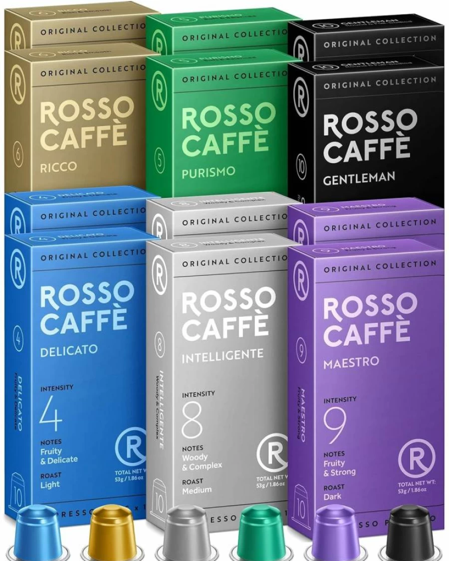ROSSO CAFFE Espresso Coffee Pods Variety Pack - 120 Capsules Compatible with Nespresso Original Machines, 6 Flavors from Rich Breakfast to Intense Roast, Premium Coffee Capsules