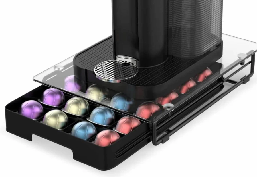 EVERIE Crystal Clear Tempered Glass Nespresso Vertuo Pod Organizer - Holds 40 Large or 52 Small VertuoLine Capsules, 12" x 15.6" x 3.5" Drawer Storage for Coffee Pods