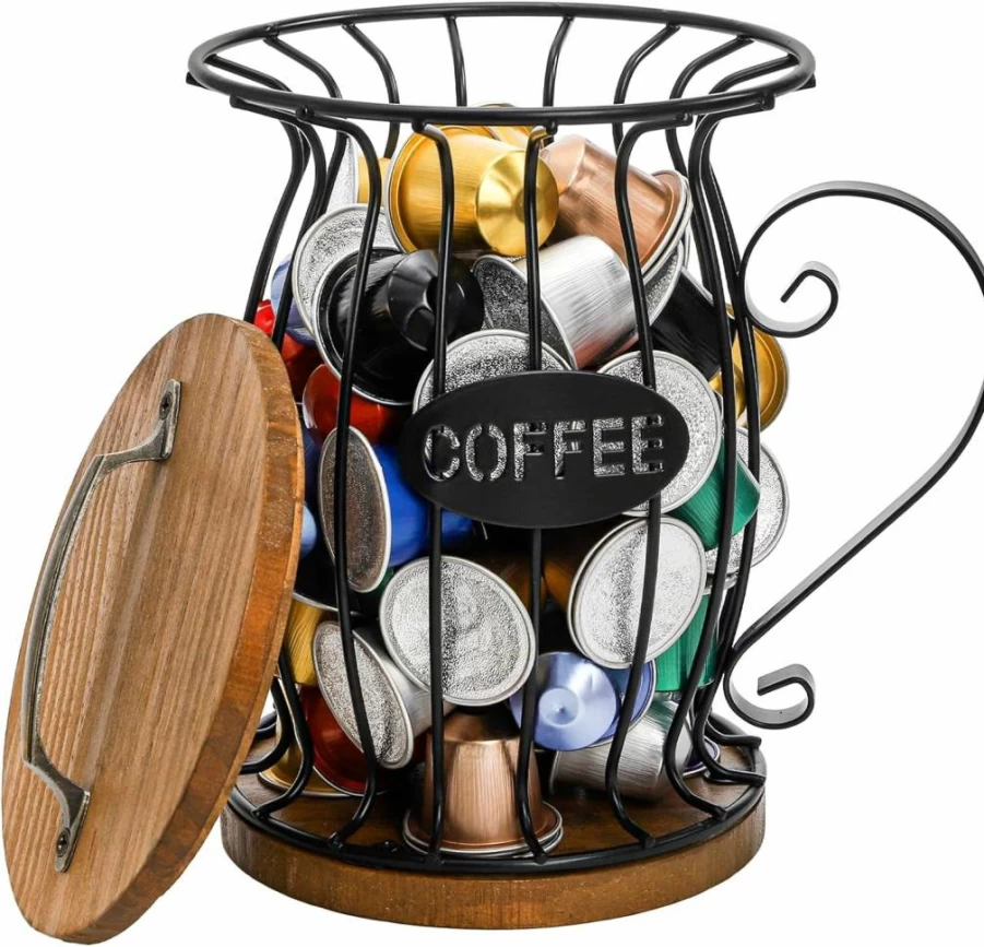 WRINGKIT Rustic Wooden Coffee Pod Holder - Large Capacity K-Cup Storage Basket with Lid for Keurig & Espresso Capsules, Black Wire Countertop Organizer