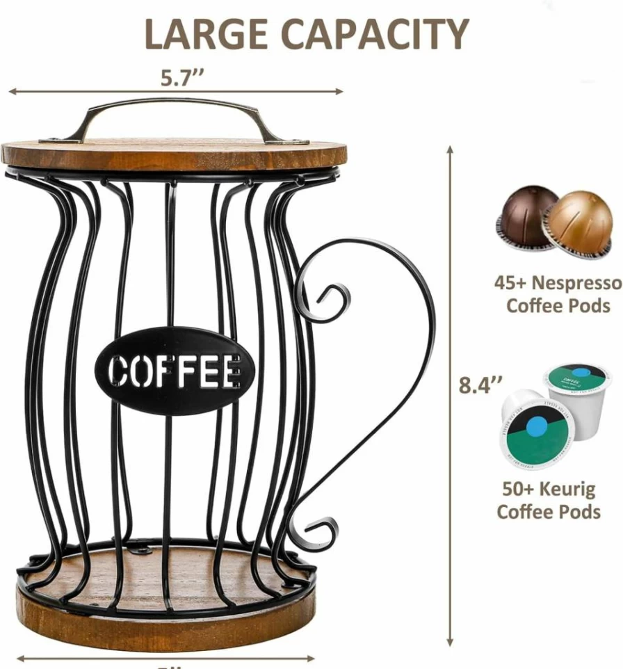 WRINGKIT Rustic Wooden Coffee Pod Holder - Large Capacity K-Cup Storage Basket with Lid for Keurig & Espresso Capsules, Black Wire Countertop Organizer