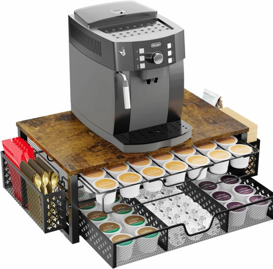 Simple Trending 2-Tier Sliding Drawer Coffee Pod Holder - Organizes 63 Large or 80 Small K-Cups, Includes Accessory Storage, Black Capsule Organizer