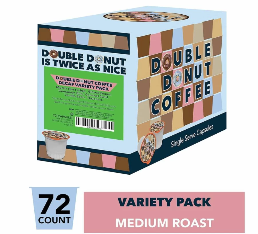 Double Donut Coffee Decaf Medium Roast Variety Pack - 24 Pods, Donut-Shaped Coffee Capsules, Compatible with Nespresso Machines