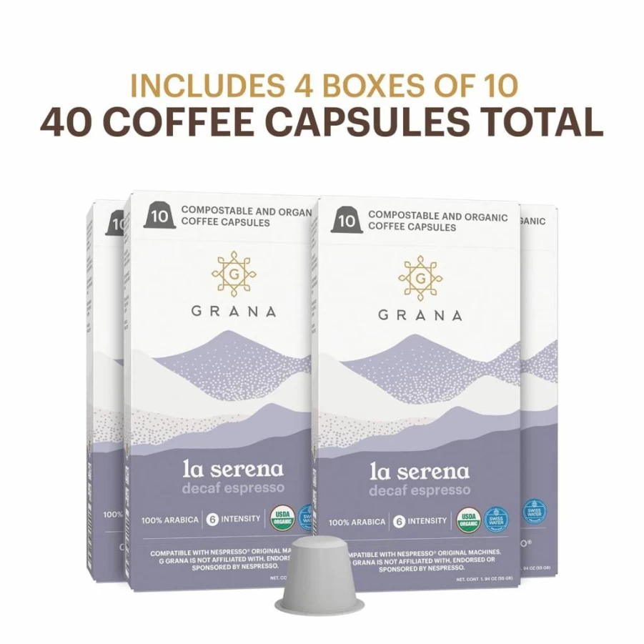 G Grana USDA Organic Decaf Coffee Pods 40 Count, Dark Roast Decaffeinated 100% Arabica, Compostable Capsules for Nespresso OriginalLine