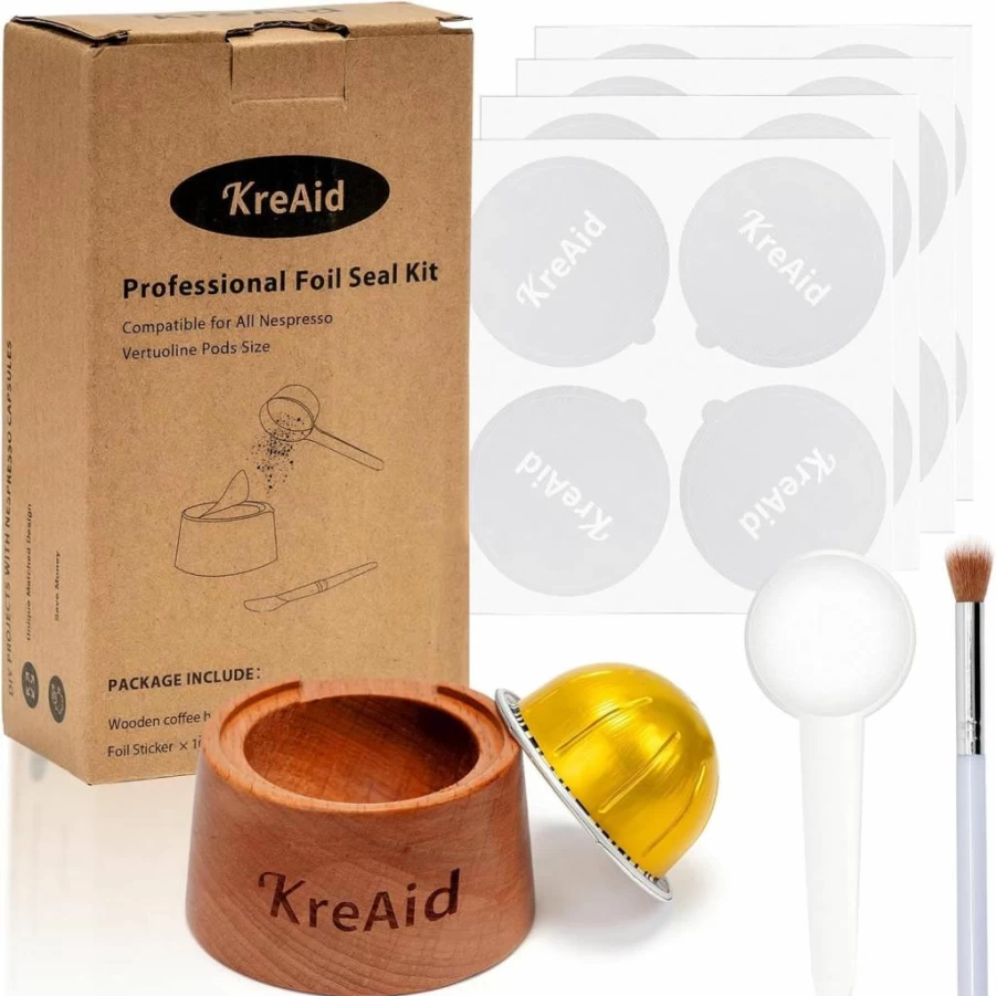 KreAid Reusable Vertuo Capsule Kit for Nespresso Machines - 100 Aluminum Foil Lids, Holder, Spoon & Brush - Refillable VertuoLine Pods Eco-Friendly Coffee Solution