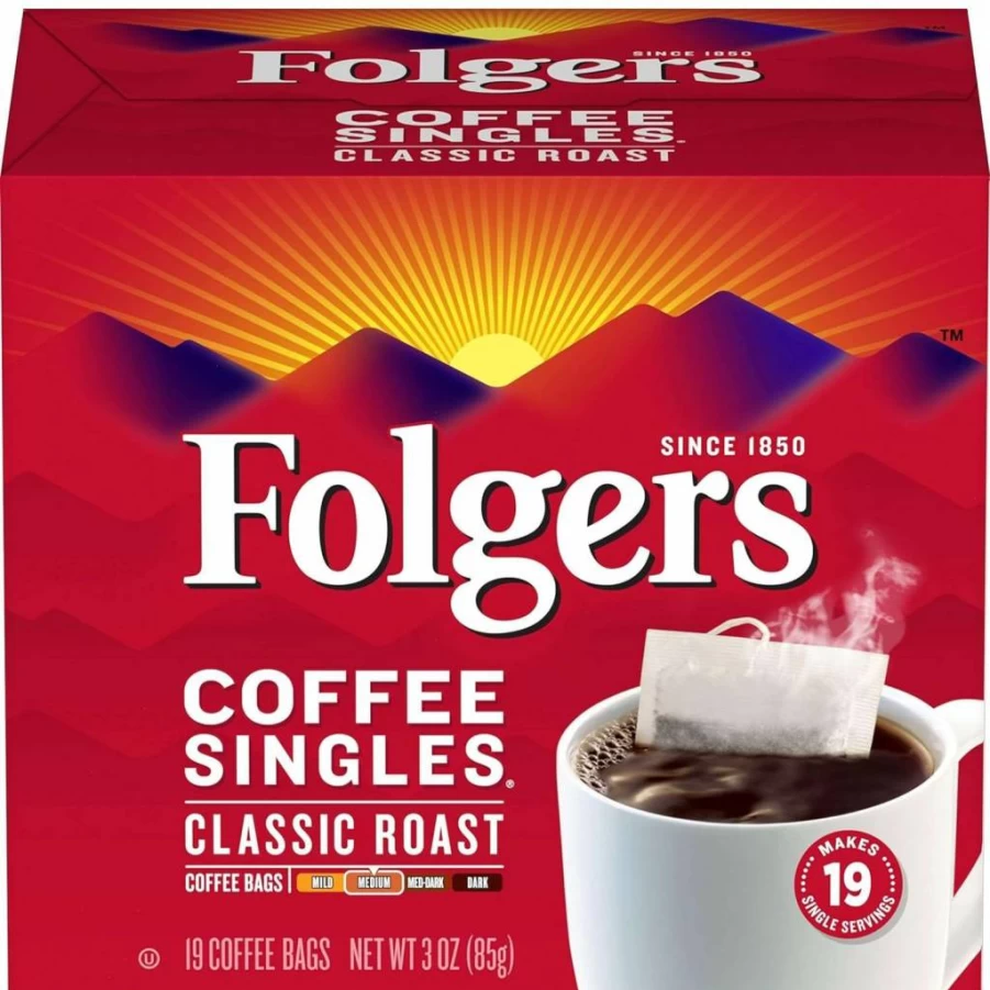 Folgers Coffee Singles - Convenient Single-Serve Packets, 19 Count Box, Medium Roast Ground Coffee for Quick Brewing