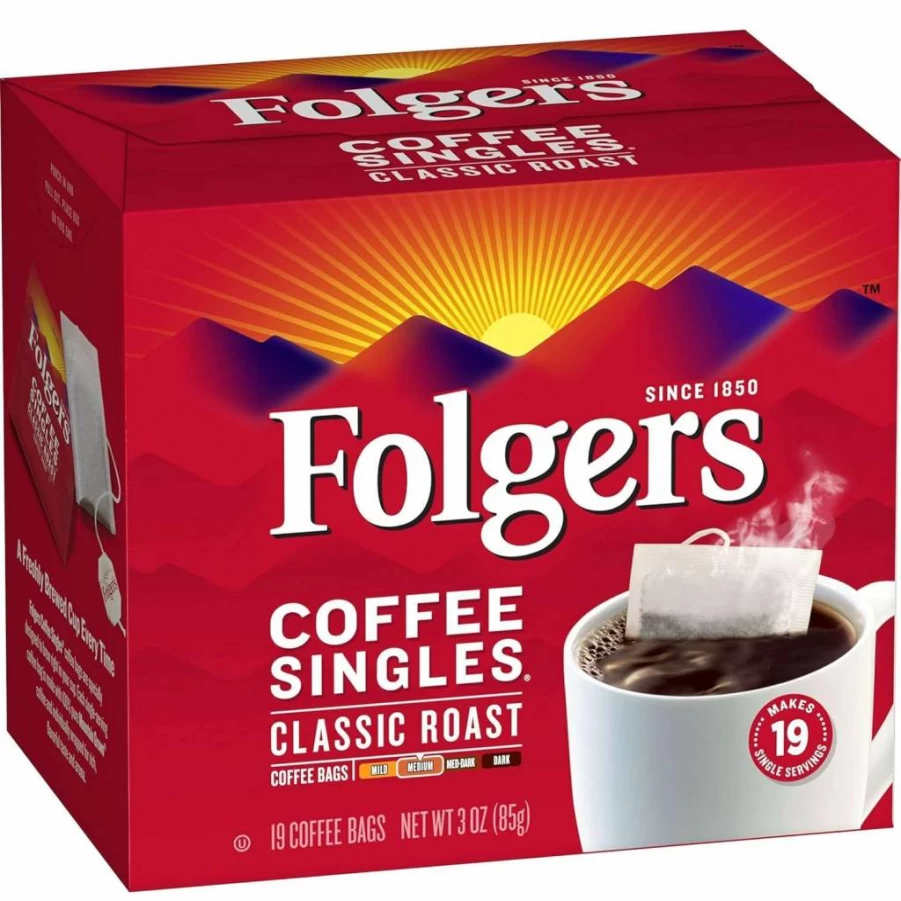 Folgers Coffee Singles - Convenient Single-Serve Packets, 19 Count Box, Medium Roast Ground Coffee for Quick Brewing