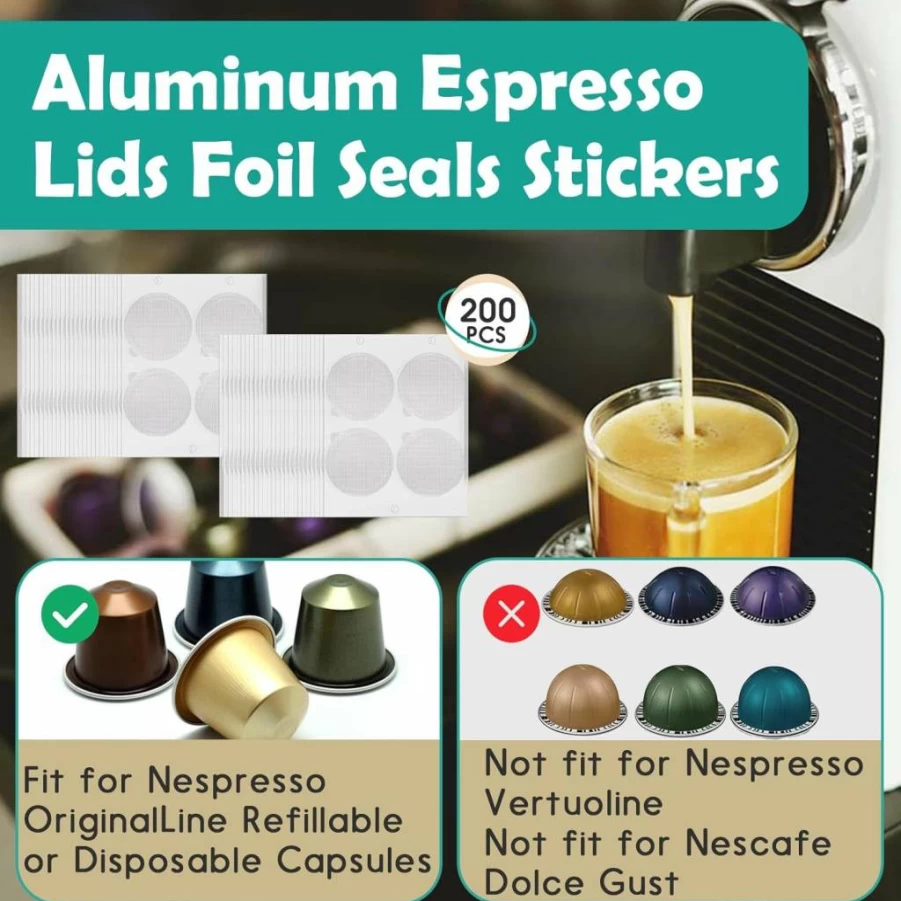 200 Pcs Gfdoso 37mm Aluminum Espresso Coffee Capsule Foil Seals - Compatible with Nespresso Original Line Machines, Reusable Lids for Refillable Coffee Pods