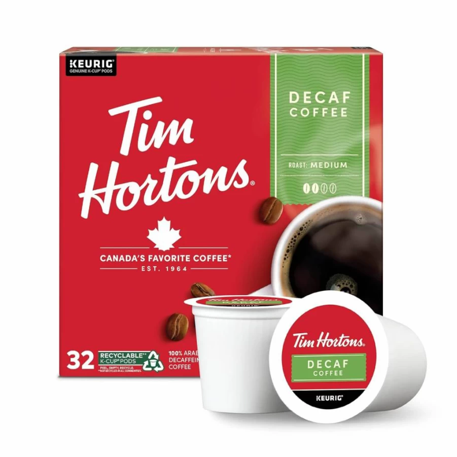 Tim Hortons Decaf Medium Roast K-Cup Pods 32 Count, Compatible with Keurig Single-Serve Coffee Makers, Caffeine-Free Red Pack