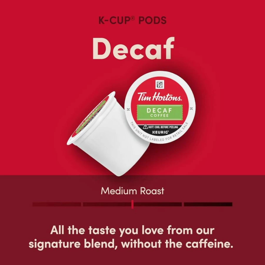 Tim Hortons Decaf Medium Roast K-Cup Pods 32 Count, Compatible with Keurig Single-Serve Coffee Makers, Caffeine-Free Red Pack