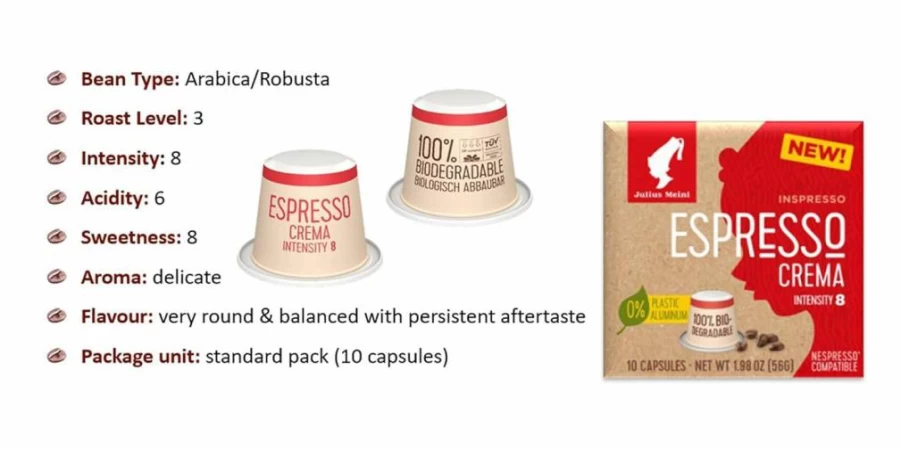 Julius Meinl Espresso Crema Nespresso Compatible Coffee Capsules, 100% Biodegradable, 10 Count Pack