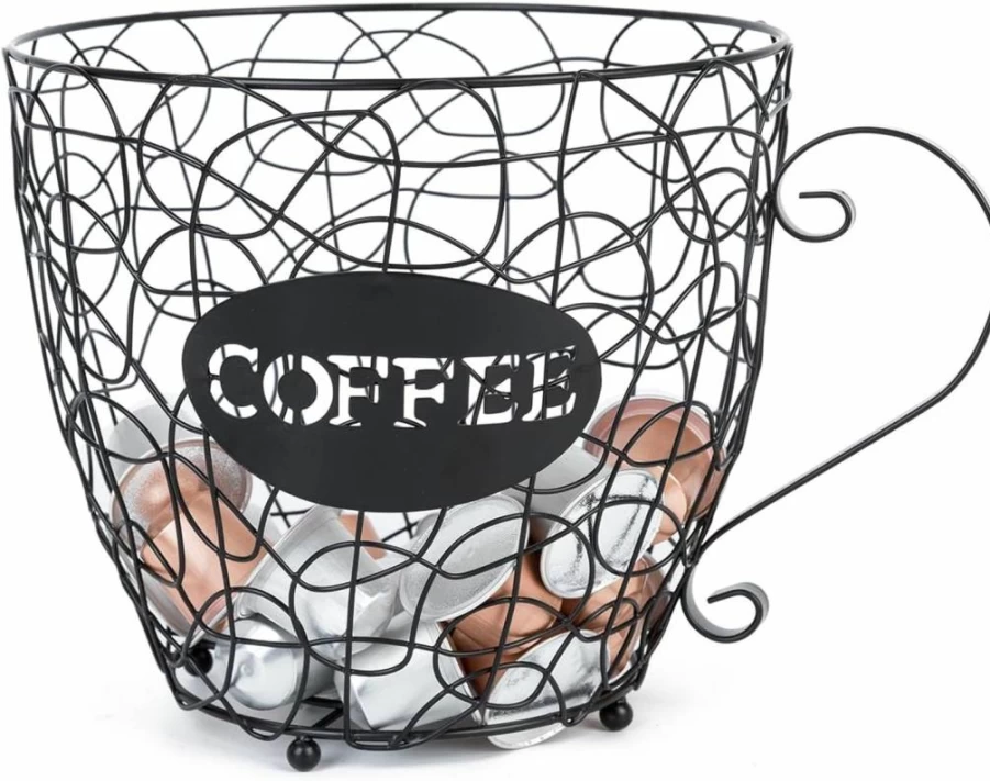 Agirlvct Large Metal Coffee Pod Holder - XL Capacity K-Cup & Nespresso Capsule Organizer for Kitchen, Office, Cafe (Black Round Design)