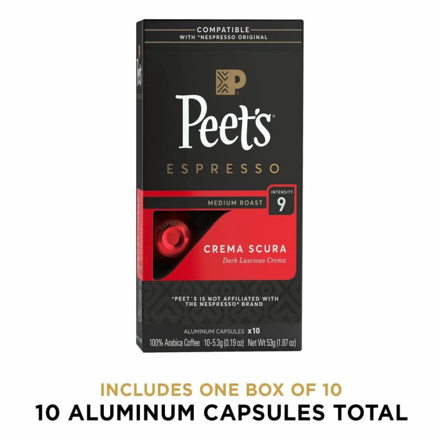 Peet's Coffee Crema Scura Medium Roast Espresso Capsules for Nespresso Original Machines - Intensity 9, 10 Count Pack