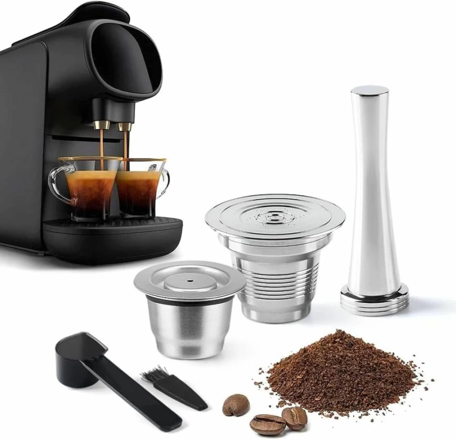 BENFUCHEN Reusable Stainless Steel Coffee Capsules Compatible with L'Or Barista LM8012/60, Refillable Metal Coffee Pods for L'Or Espresso Machines, Includes Coffee Tamper, Big & Small Cup Size