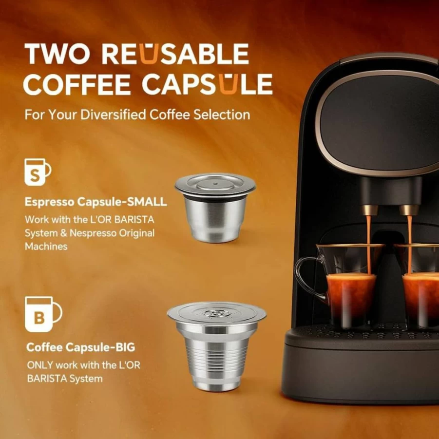 BENFUCHEN Reusable Stainless Steel Coffee Capsules Compatible with L'Or Barista LM8012/60, Refillable Metal Coffee Pods for L'Or Espresso Machines, Includes Coffee Tamper, Big & Small Cup Size