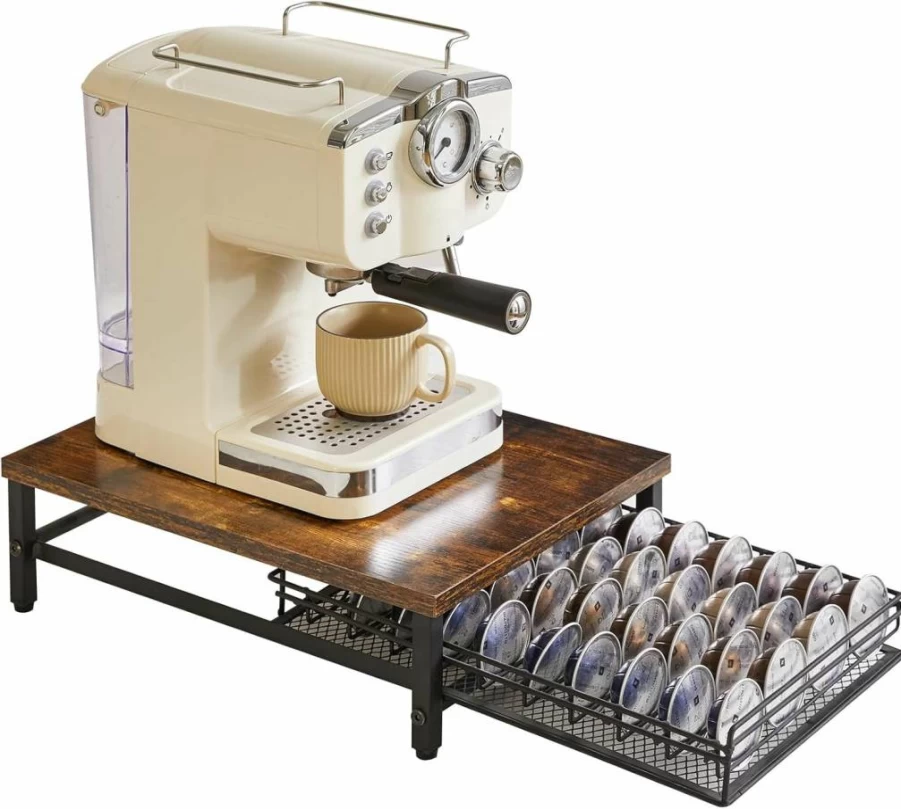 IBUYKE Wooden Coffee Pod Organizer Drawer - 40 Capsule Capacity, Mesh Shelf Storage, Greige Countertop Holder for Kitchen TCJ101Y