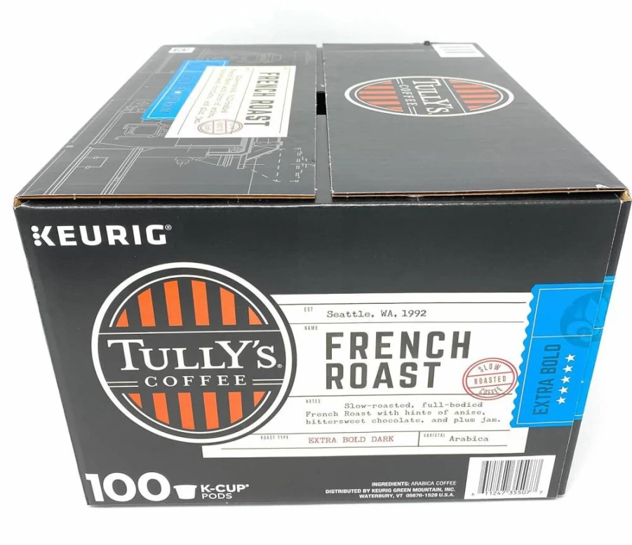 Tully's French Roast Coffee K-Cup Pods, 100 Count (0.4 Oz Each) - Medium Dark Roast, Compatible with Keurig Brewers